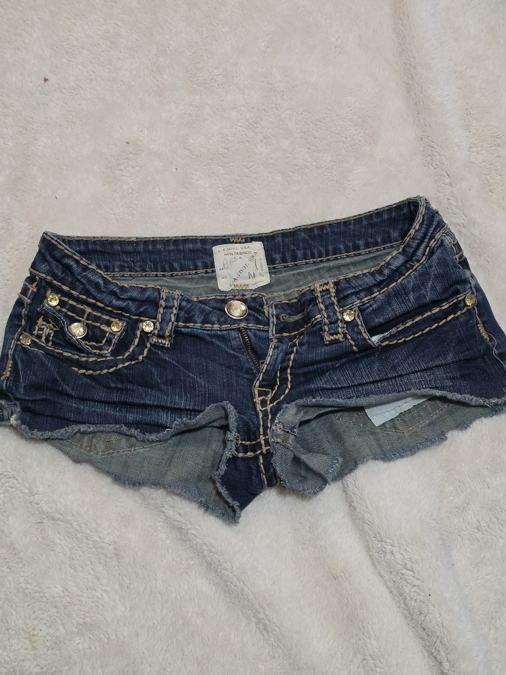 .L.A. idol Indigo Denim Cutoff Shorts with Embellished Pockets
